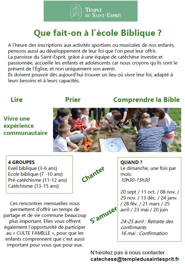 Ouverture des inscriptions à l'Ecole Biblique et au Catéchisme