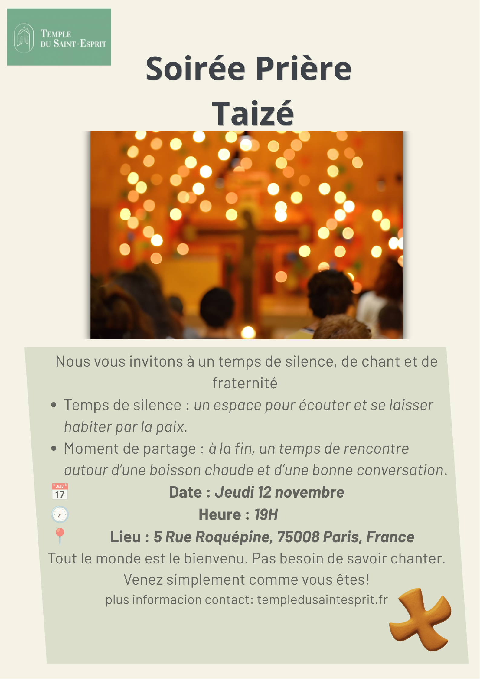 Soirée Prière Taizé au Temple du Saint EspritParis 8